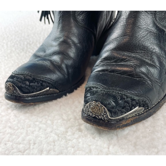 (VTG) ZODIAC • Black Genuine Leather Studded Fringe Western Cowboy Boots - Picture 4 of 16